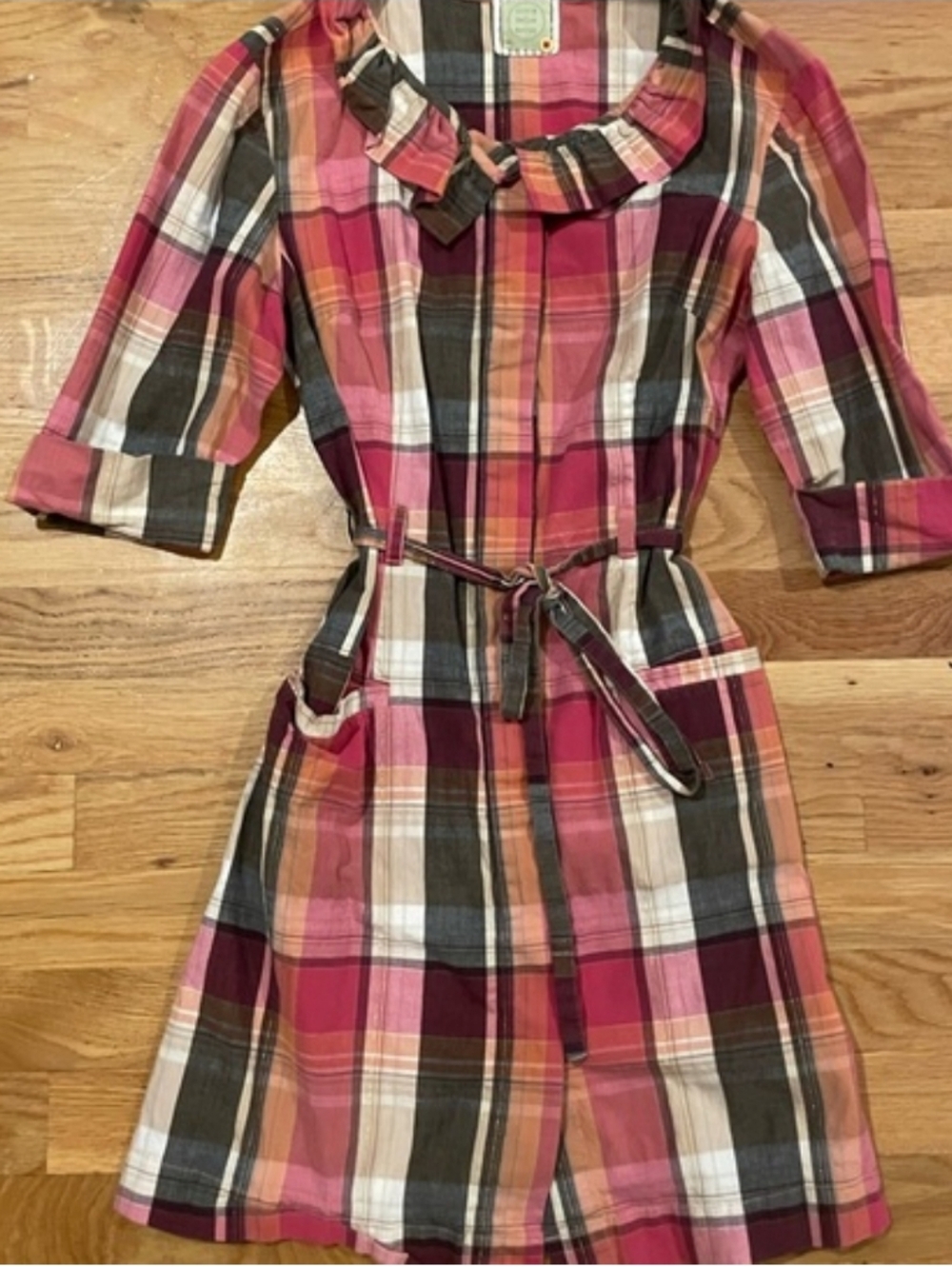 Anthro Plaid Short-Sleeve Madras Plaid Dress with Ruffle Collar - S